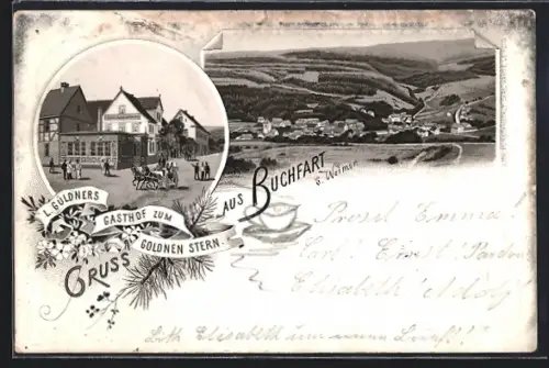 Lithographie Buchfart, Gesamtansicht, L. Güldners Gasthof zum Goldnen Stern