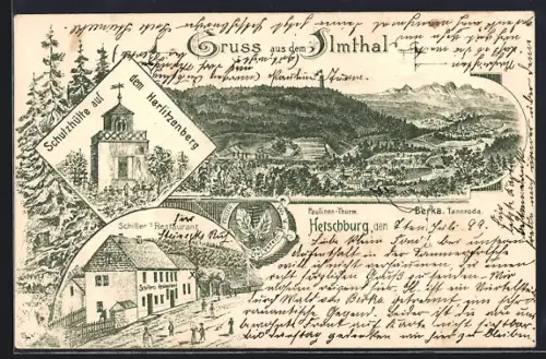 Lithographie Hetschburg, Schiller`s Restaurant, Schutzhütte auf dem Herlitzenberg, Paulinen-Thurm