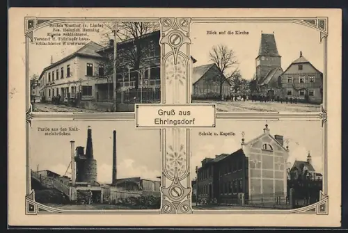 AK Ehringsdorf, Seidel`s Gasthof zur Linde, Kalksteinbrüche, Kirche und Schule