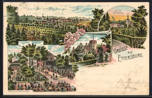 Lithographie Ettersburg, Rempcis Gasthof, Ober-Försterei und Schloss