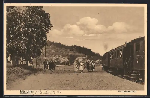 AK München, Hauptbahnhof mit Eisenbahn