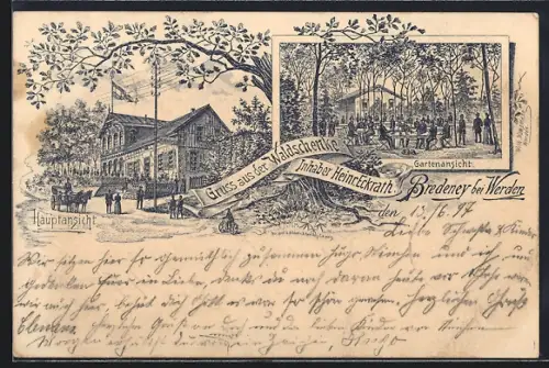 Lithographie Bredeney bei Werden, Gasthaus Waldschenke, Inh. Heinr. Eckrath