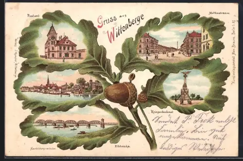 Passepartout-Lithographie Wittenberge, Postamt, Kriegerdenkmal, Elbbrücke