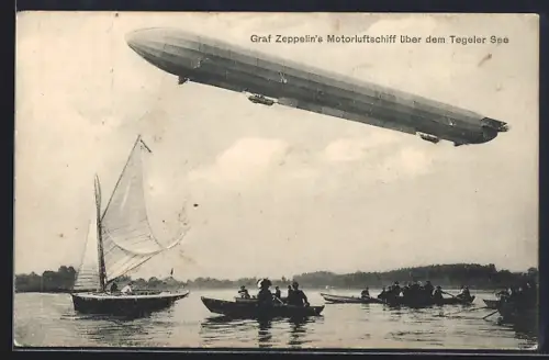 AK Berlin-Tegel, Graf Zeppelins Motorluftschiff über dem Tegeler See