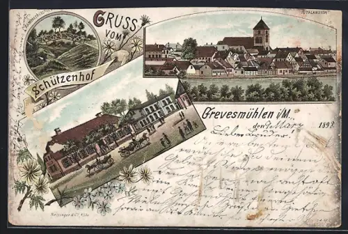 Lithographie Grevesmühlen, Gasthaus zum Schützenhof, Kammerherrnbrücke