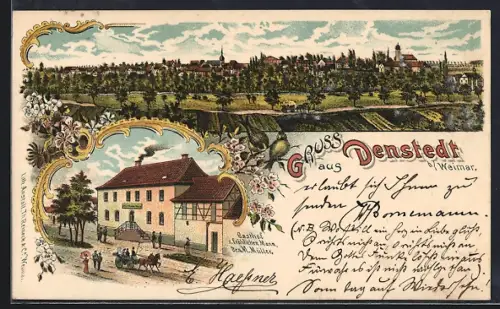 Lithographie Denstedt b. Weimar, Panoramaansicht, Gasthaus zum fröhlichen Mann, Inh. M. Müller