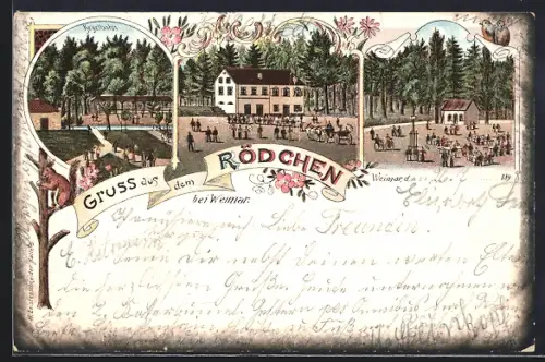 Lithographie Weimar / Thüringen, Gasthaus Rödchen, Festplatz, Kegelbahn