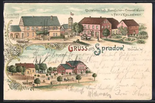 Lithographie Spradow bei Bünde, Gasthaus Fritz Koldewey, Alte Schule, Neue Schule, Kapelle