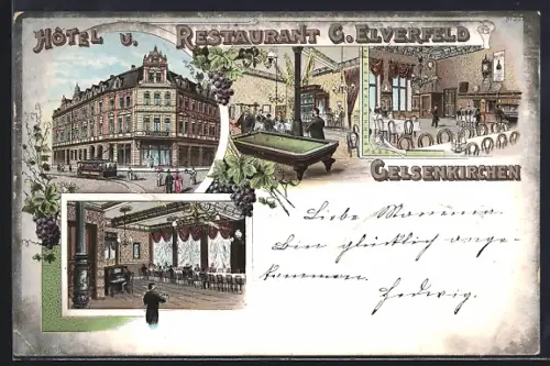 Lithographie Gelsenkirchen, Hotel und Restaurant C. Elverfeld, Gastraum, Billardzimmer, Festsaal