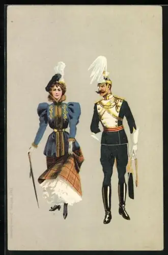 AK Feine Dame mit Herr in Ulanen Uniform mit Tschapka und Degen