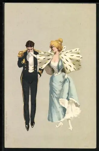 AK Mann in Uniform küsst die Hand einer fein gekleideten Dame