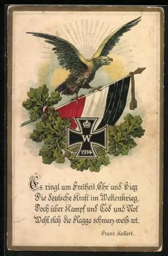 AK Eisernes Kreuz mit Reichsfahne, Adler und Gedicht von Franz Kellert