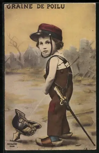 AK Craine de Poilu, Kindersoldat pinkelt auf eine Pickelhaube, Kinder Kriegspropaganda