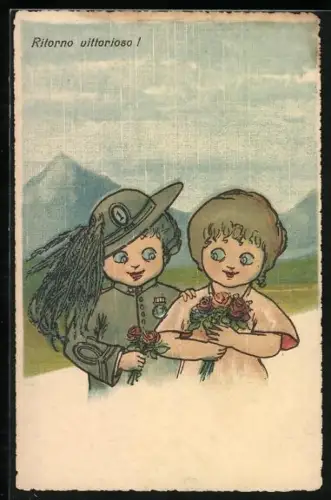 AK Kinderpaar mit Blumen, Junge in Bersaglieri Uniform, Rittorno vittorioso!