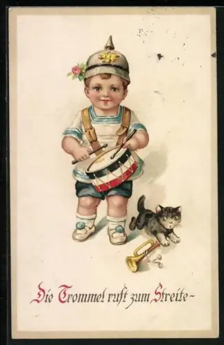 AK Kleinkind in Pickelhaube mit Trommel, Die Trommel ruft zum Streite