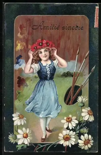AK Mädchen mit Blumenkranz auf einer Palette mit Pinseln, Amitié sincere