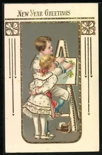 AK Neujahrsgrüsse, Zwei Kinder an der Staffelei