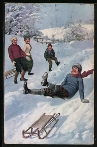 AK Familie beim Schlittenfahren, Vater hebt vom Schlitten ab
