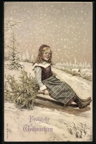 AK Mädchen auf einem Schlitten im Winter
