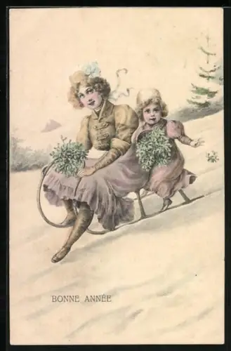 AK Neujahrsgrüsse, Mutter mit Tochter auf Schlitten