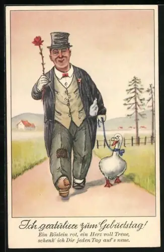 AK Geburtstagsgrüsse, Landstreicher mit Gans an der Leine und Rose in der Hand