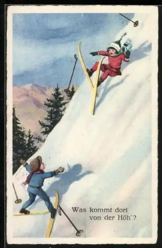 AK Mädchen stürzt beim Skifahren, Junge versucht sie aufzufangen, Was kommt da von der Höh?