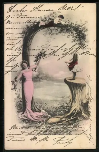 AK Buchstabe G als Baum mit junger Dame und Kindern