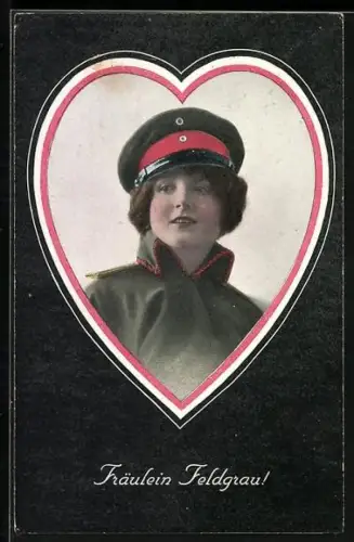 AK Fräulein Feldgrau, Portrait, Herzrahmen in Nationalfarmen