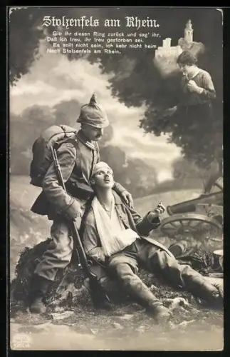 AK Stolzenfels am Rhein, Soldat mit sterbendem Kameraden, letzte Botschaft an Verlobte, Rotes Kreuz