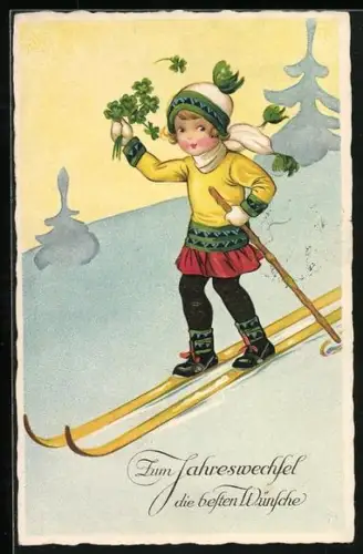 AK Kleine Skiläuferin mit Glücksklee, Neujahrsgruss