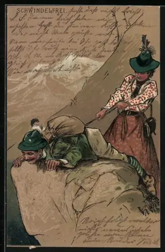 Präge-Lithographie Schwindelfrei, Bergsteigerin hält Bergsteiger am Seil fest