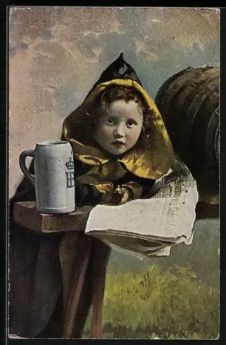 AK Münchner Kindl mit Zeitung und Bierseidel