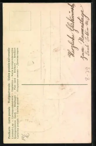 Präge-AK Kleine Gärtnerin giesst einen Vergissmeinnicht-Korb