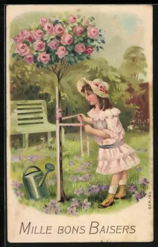 Präge-AK Kleine Gärtnerin beim Richten eines Rosenbäumchens