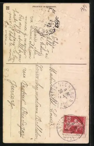 Präge-AK Kleine Gärtnerin beim Richten eines Rosenbäumchens