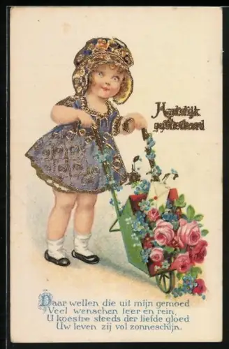 AK Kleine Gärtnerin mit Blumen-Schubkarre und Brief