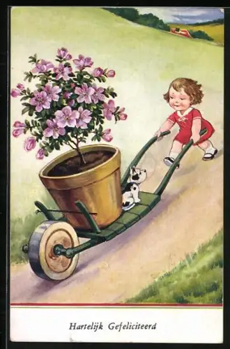 Präge-AK Kleine Gärtnerin schiebt einen Blumentopf in der Schubkarre