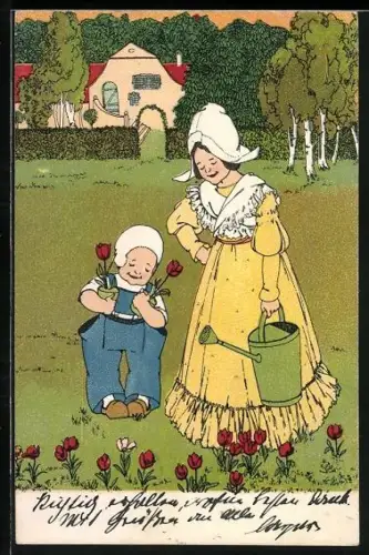 AK Kleiner Gärtner mit Tulpen und junge Dame mit Giesskanne