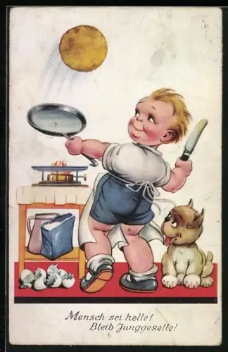 AK Kleiner Junggeselle beim Wenden eines Pfannkuchens, Hund