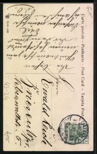 AK Harlekinpaar auf einer hohen Mauer, Turmuhr, Mond mit Gesicht, Neujahrsgruss