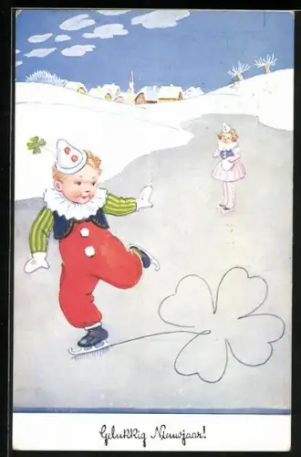 AK Kleines holländisches Paar mit Spitzhüten beim Schlittschuhfahren, Glücksklee, Neujahrsgruss