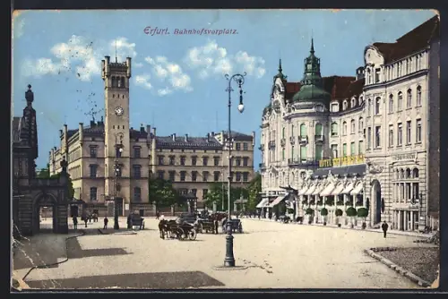 AK Erfurt, am Bahnhofsplatz mit Hotel Thüringer Hof
