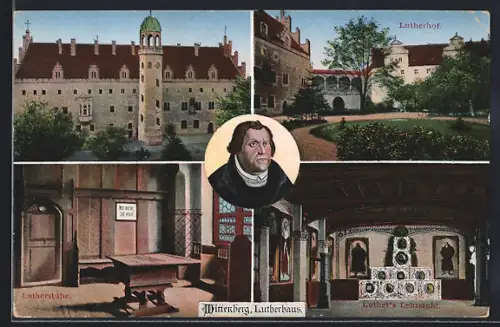 AK Wittenberg, Portrait von Martin Luther mit Lutherhof, Lehrstuhl und Lutherstube