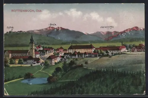 Künstler-AK Rottenbuch /Obb., Teilansicht mit Ammertal, Oberammergau und Hörnle