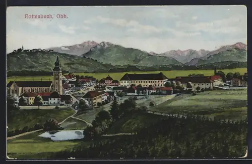 Künstler-AK Rottenbuch /Obb., Teilansicht mit Kirche