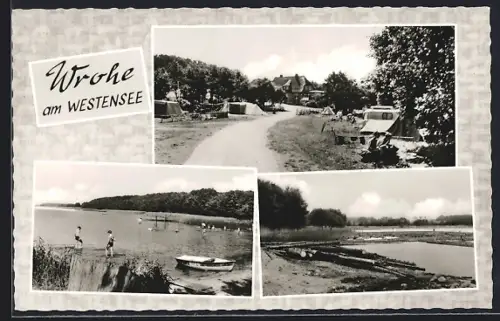 AK Wrohe am Westensee, Gasthaus Zum Fischmeister, Zeltplatz, Badesee, Ortspartie