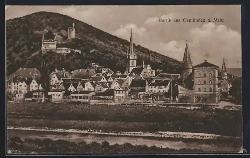 AK Gemünden a. Main, Teilansicht mit Turm
