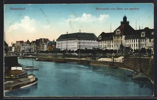 AK Düsseldorf, Rheinpartie vom Hafen aus gesehen