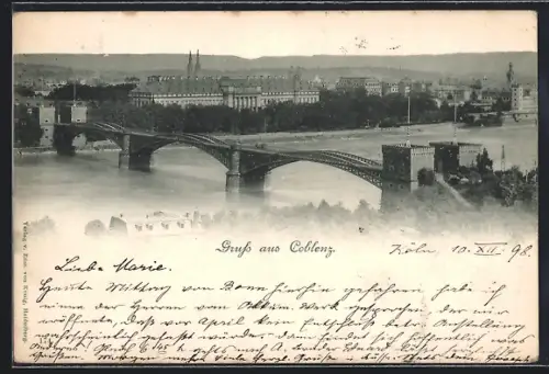 AK Coblenz, Uferpartie mit Brücke