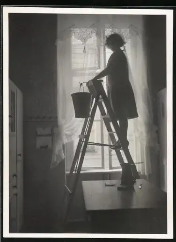 Fotografie Hausfrau beim Fensterputzen auf der Leite, Hausputz, Schnappschuss